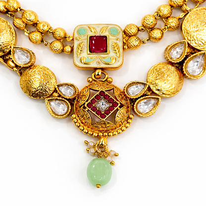 Royal Kundan Antique Gold Necklace Set with Green Beads & Matching Earrings