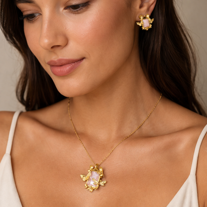 Designer Gold Floral Necklace and Earrings Set with Blush Pink Stone