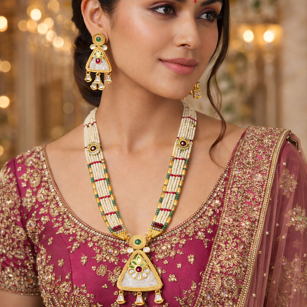 Golden Triad Pearl Kundan Necklace Set