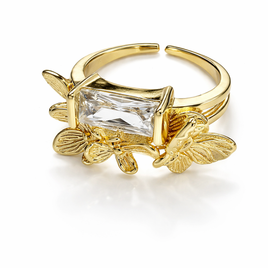 Butterfly Garden Statement Ring with Rectangle Crystal - Adjustable Gold Finish