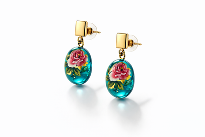 Turquoise Rose Semi-Precious Stone Pendant Necklace Set with Earrings