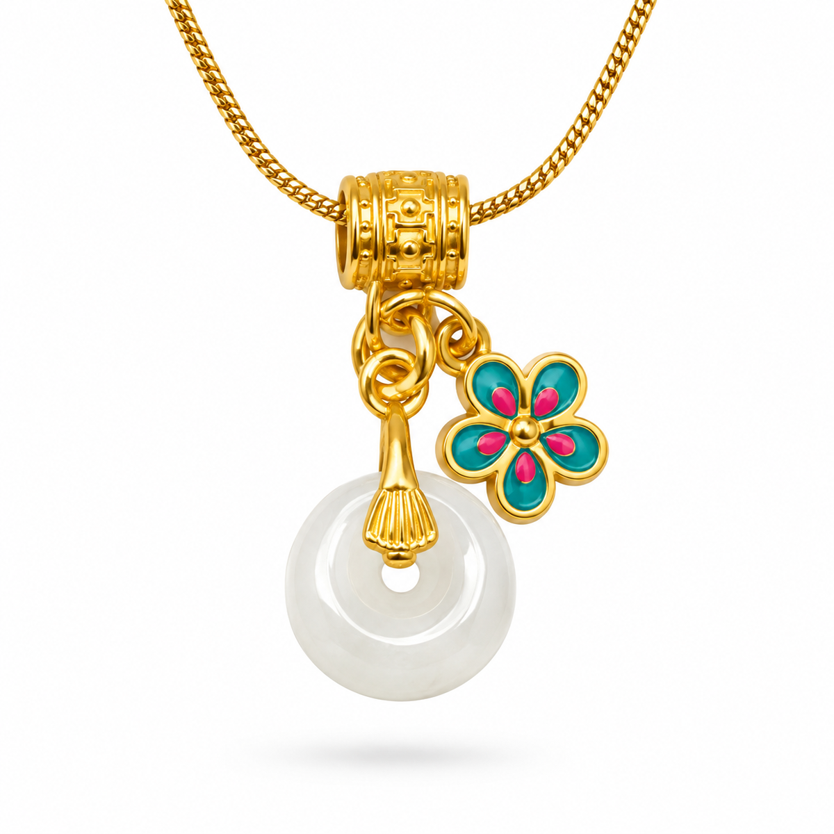 White Jade Donut and Teal Enamel Flower Charm Necklace on white background