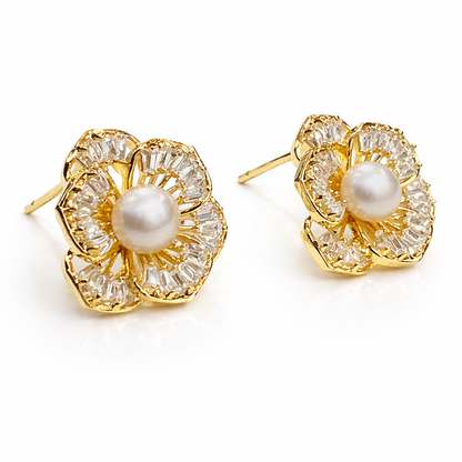 Classic Floral Pearl & Crystal Stud Earrings