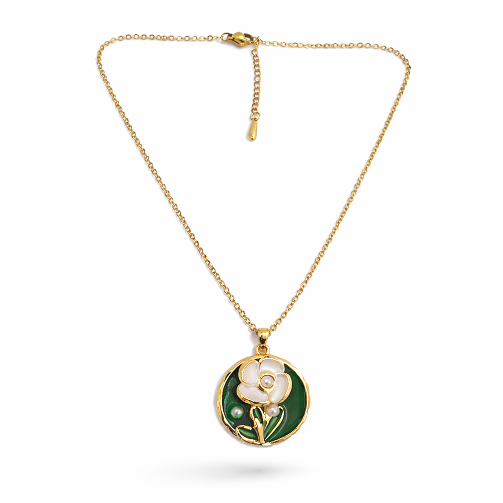 Emerald Bloom Pearl Floral Chain Pendant