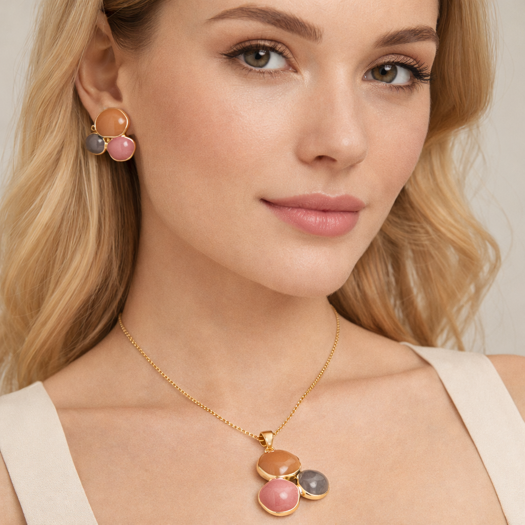 Tri-Stone Gold-Plated Pendant & Stud Earrings Set