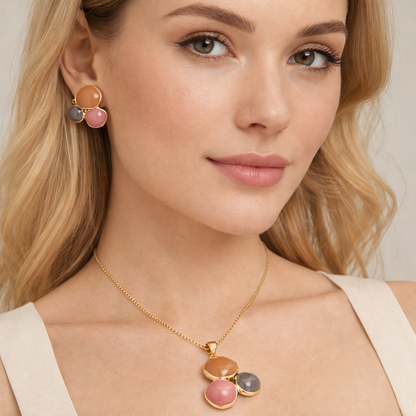 Tri-Stone Gold-Plated Pendant & Stud Earrings Set