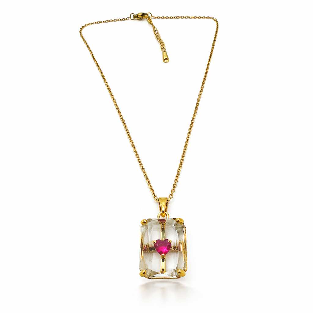 Crystal Cube Chain Pendant with Ruby Heart
