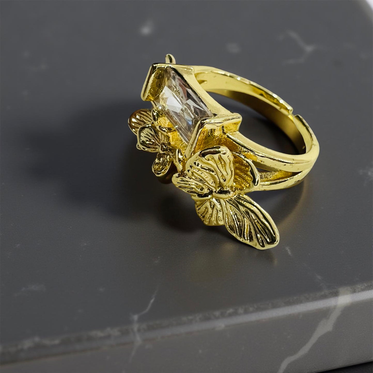 Butterfly Garden Statement Ring with Rectangle Crystal - Adjustable Gold Finish