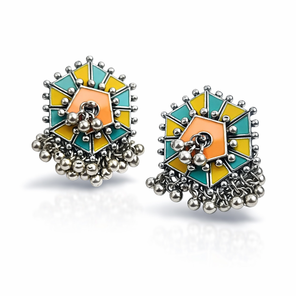 Colorful enamel stud earrings with silver ghungroo detailing by Jinam, showcasing vibrant patterns and intricate silver accents.