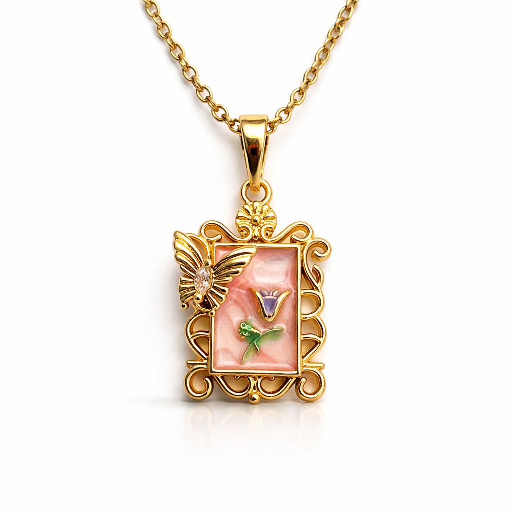 Peach Blossom Butterfly Frame Pendant Chain