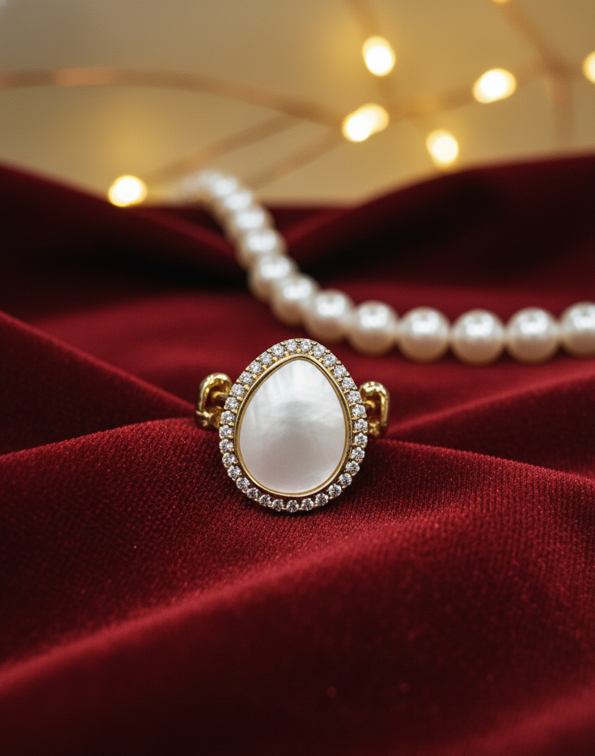 Classic Pearl Teardrop Ring with Diamond-Accented Border