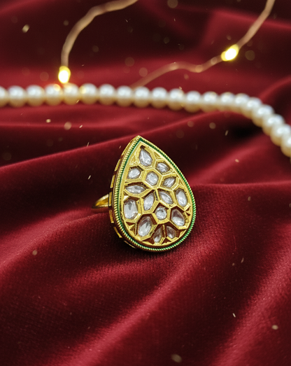 Teardrop Polki Ring in Antique Gold Finish
