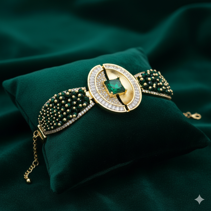 Regal Emerald & Gold-Tone Cuff Bracelet - Adjustable Green Beaded Bridal/Festive Jewelry