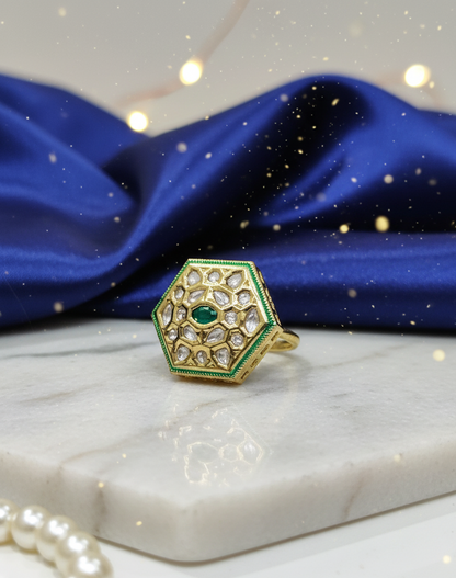 Emerald Hexa Polki Ring in Antique Gold Finish