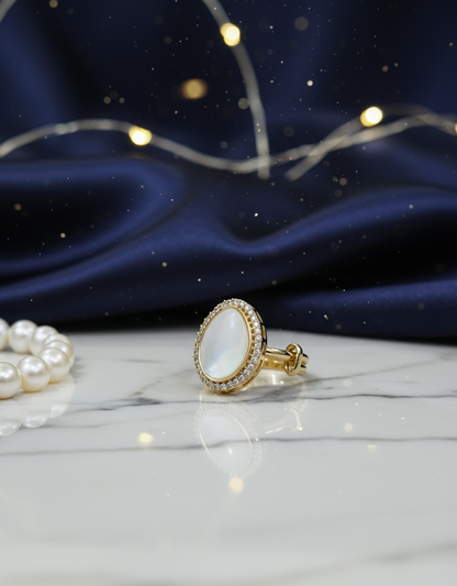 Classic Pearl Teardrop Ring with Diamond-Accented Border