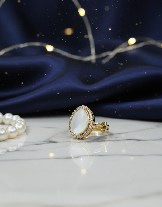 Classic Pearl Teardrop Ring with Diamond-Accented Border