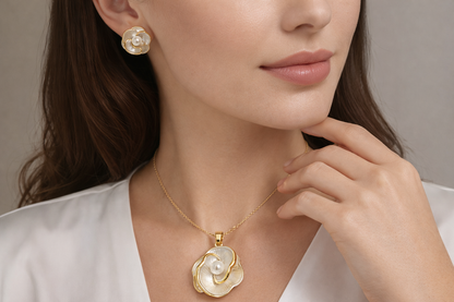 Elegant Floral Pearl Pendant Set with Stud Earrings | Gold-Tone Finish