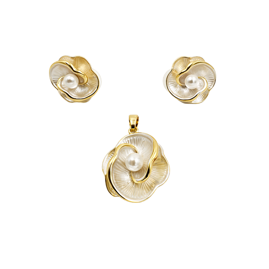 Elegant Floral Pearl Pendant Set with Stud Earrings | Gold-Tone Finish