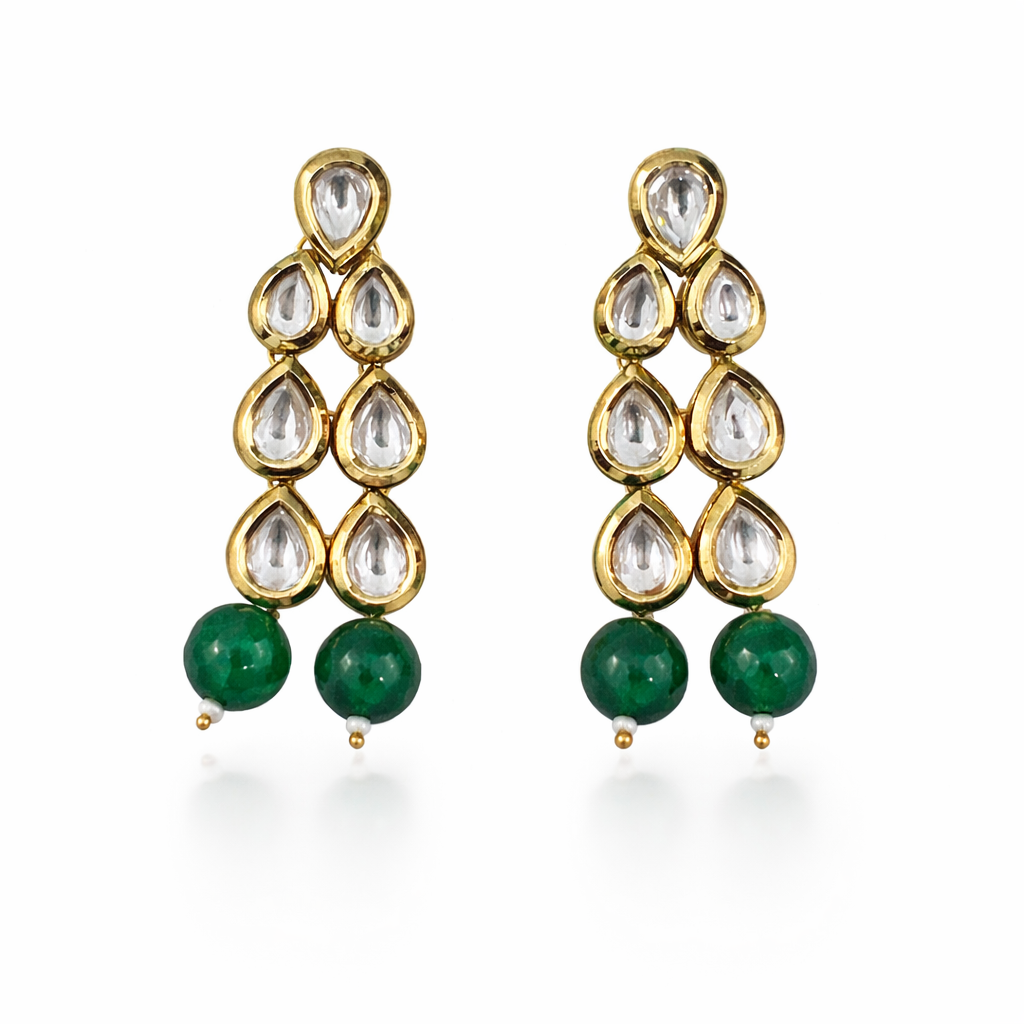 Jinam Emerald Grace Kundan imitation necklace set with intricate design and matching earrings, featuring green and gold accents.
