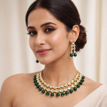 Emerald Grace Kundan imitation necklace set by Jinam with intricate design and matching earrings, perfect for traditional occasions
