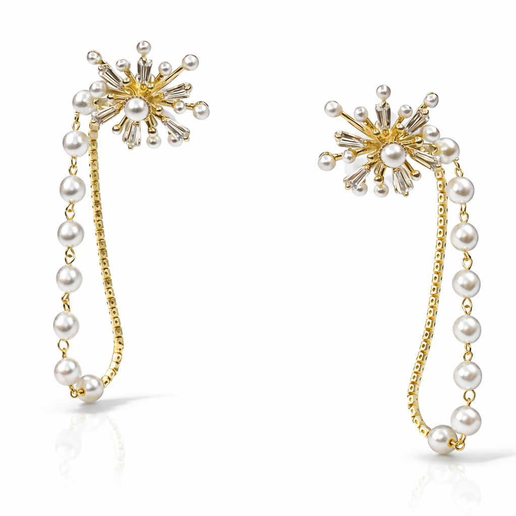 Starburst Pearl Chain Statement Earrings