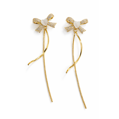 Heart Bow Pearl Drop Gold Earrings