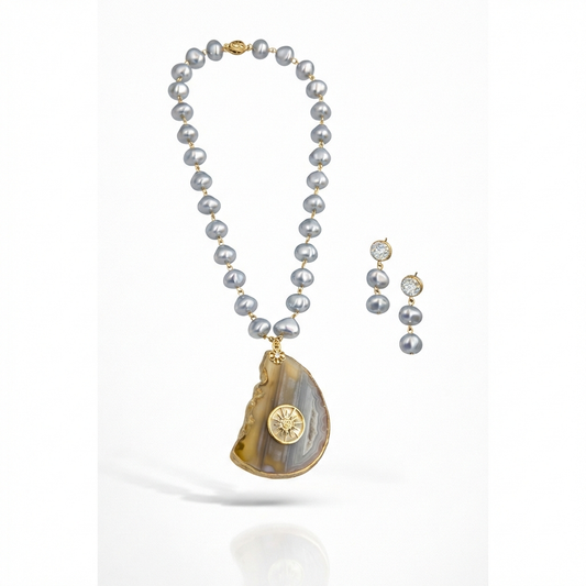 Grey Pearl Agate Pendant Necklace Set