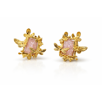 Designer Gold Floral Necklace and Earrings Set with Blush Pink Stone