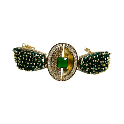 Regal Emerald & Gold-Tone Cuff Bracelet - Adjustable Green Beaded Bridal/Festive Jewelry
