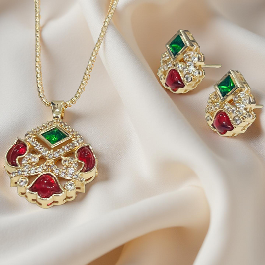 Ruby & Emerald Designer Pendant Set in Gold Finish