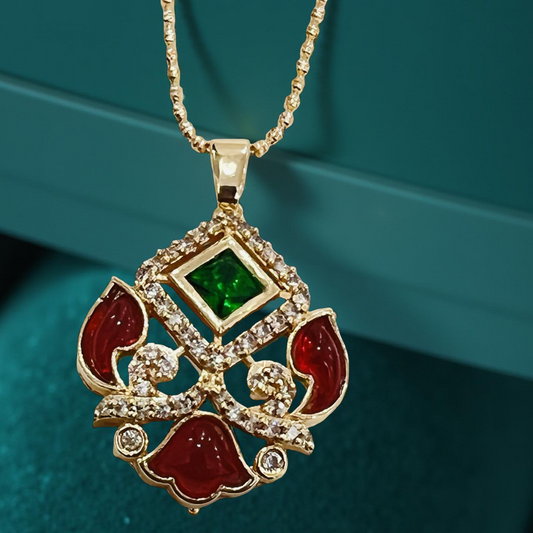 Ruby & Emerald Designer Pendant Set in Gold Finish