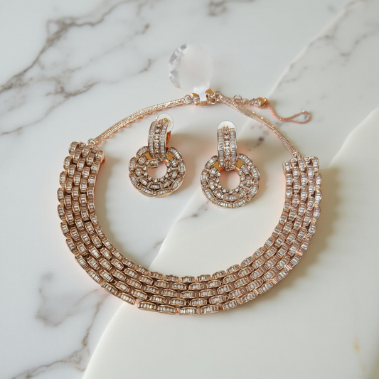 Rose Gold Radiant Baguette AD Necklace Set