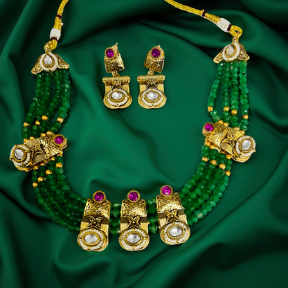 Regal Emerald Beaded Necklace Set with Antique Gold Detailing