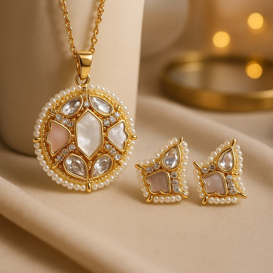 Gold-Plated Pearl-Edged Pendant & Earrings Set