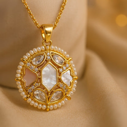 Gold-Plated Pearl-Edged Pendant & Earrings Set