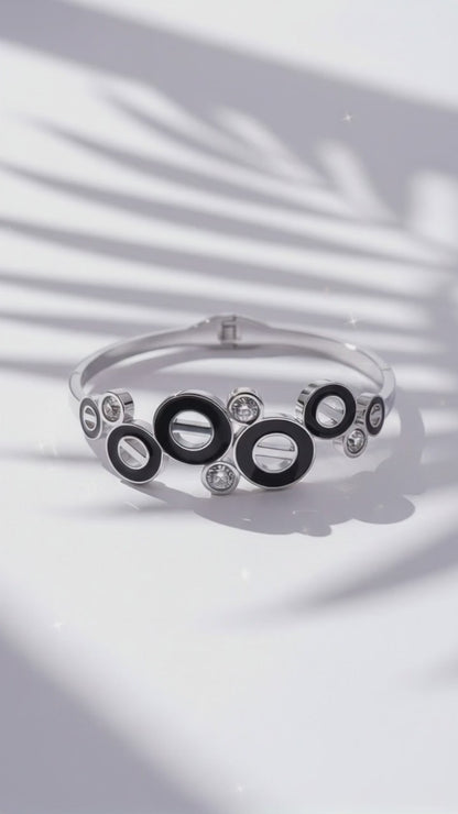 Eclipse Noir Silver Bracelet – Modern Black Enamel & Crystal Designer Cuff